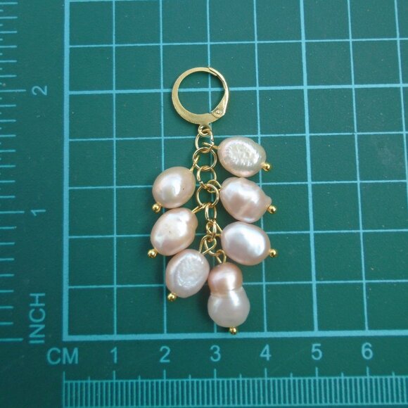 Peach Puff Pearl Dangle earrings, Lucky 7 freshwater potato pearls on huggie - Picture 7 of 7